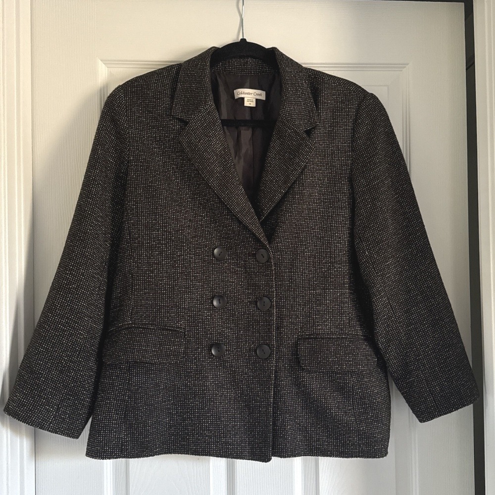Coldwater Creek Blazer‎ Tweed Double Breasted Career Jacket Black Tan Size 14 - Picture 10 of 11